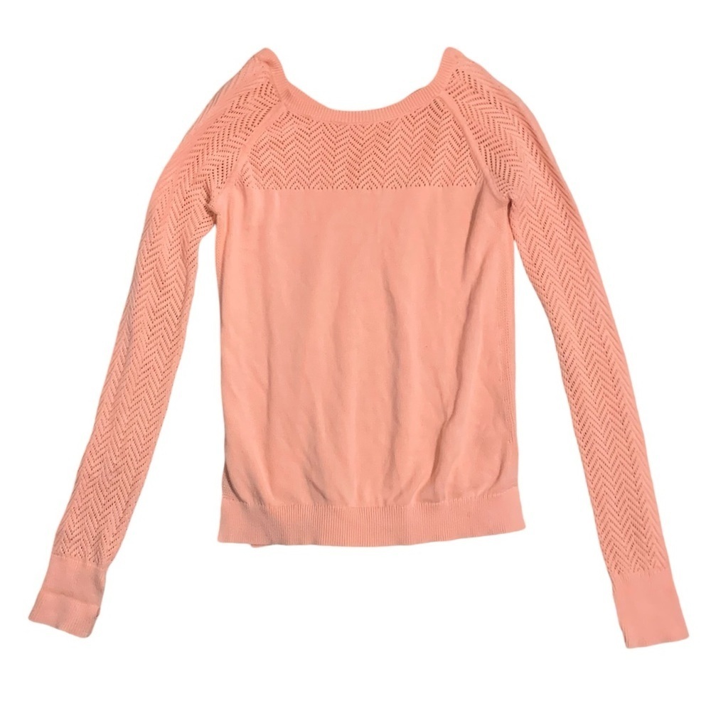 Ivivva small salmon knit extra long sleeve v back crocheted split hem sweater​​​
